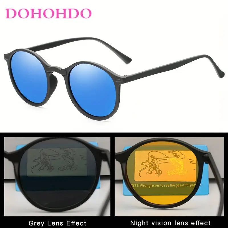 Round Frame Polarized Reflective Sunglasses, Retro Polarized Night Vision Anti-glare Driving Shades Goggle Vintage Outdoor Sports Cycling Travel Fishing Climbing Hiking Sun Glasses Without Glasses Case