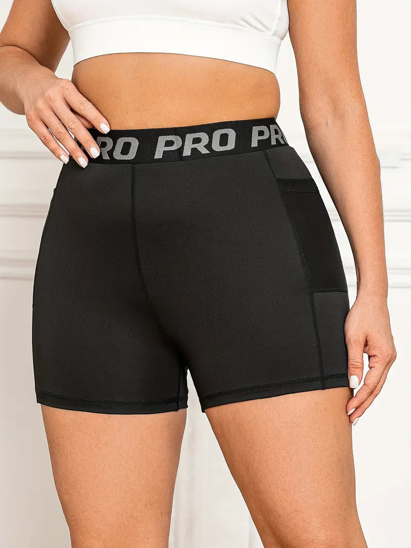 Plus Size Sports Shorts, Women's Plus Letter Tape Pipping Contrast Mesh High Rise High Stretch Skinny Shorts With Pockets