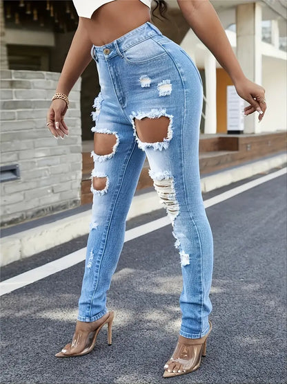 Ripped Slim Fit Denim Pants, Light Blue Distressed Slant Pocket Jeans, Women's Denim Trousers