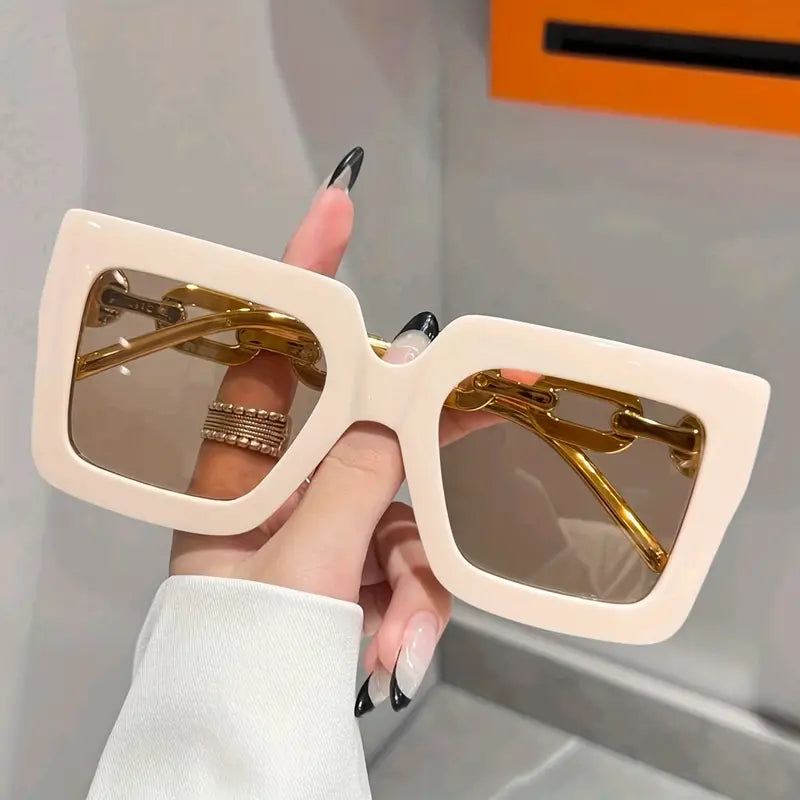 Vintage UV Protection Square Sunglasses, Fashion Chain Shaped Temple Plastic Frame Eyewear Shade Sports Glasses, For Travel