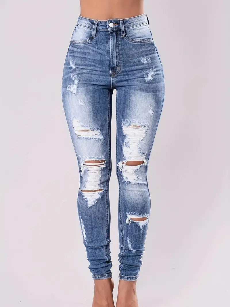 Ripped Whiskering Distressed Skinny Jeans, High Rise Slash Pocket Washed Blue Stretchy Denim Pants, Women's Denim Jeans & Clothing