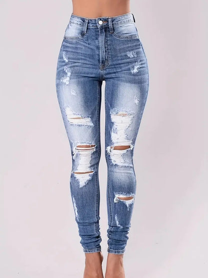 Ripped Whiskering Distressed Skinny Jeans, High Rise Slash Pocket Washed Blue Stretchy Denim Pants, Women's Denim Jeans & Clothing