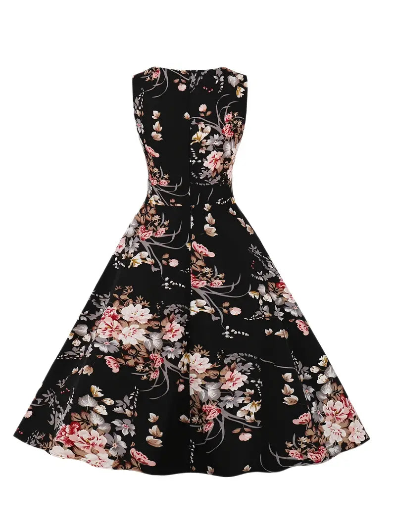 Floral Print Tie Front Dress, Vintage Elegant Crew Neck Sleeveless Tank Dress, Women's Clothing