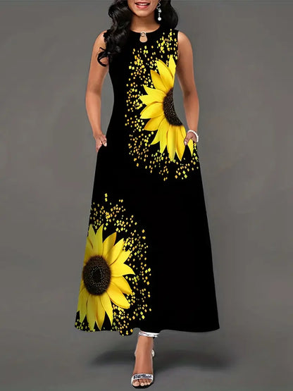 Sunflower Print Keyhole Dress, Casual Crew Neck Sleeveless Maxi Dress With Pocket, Women's Clothing