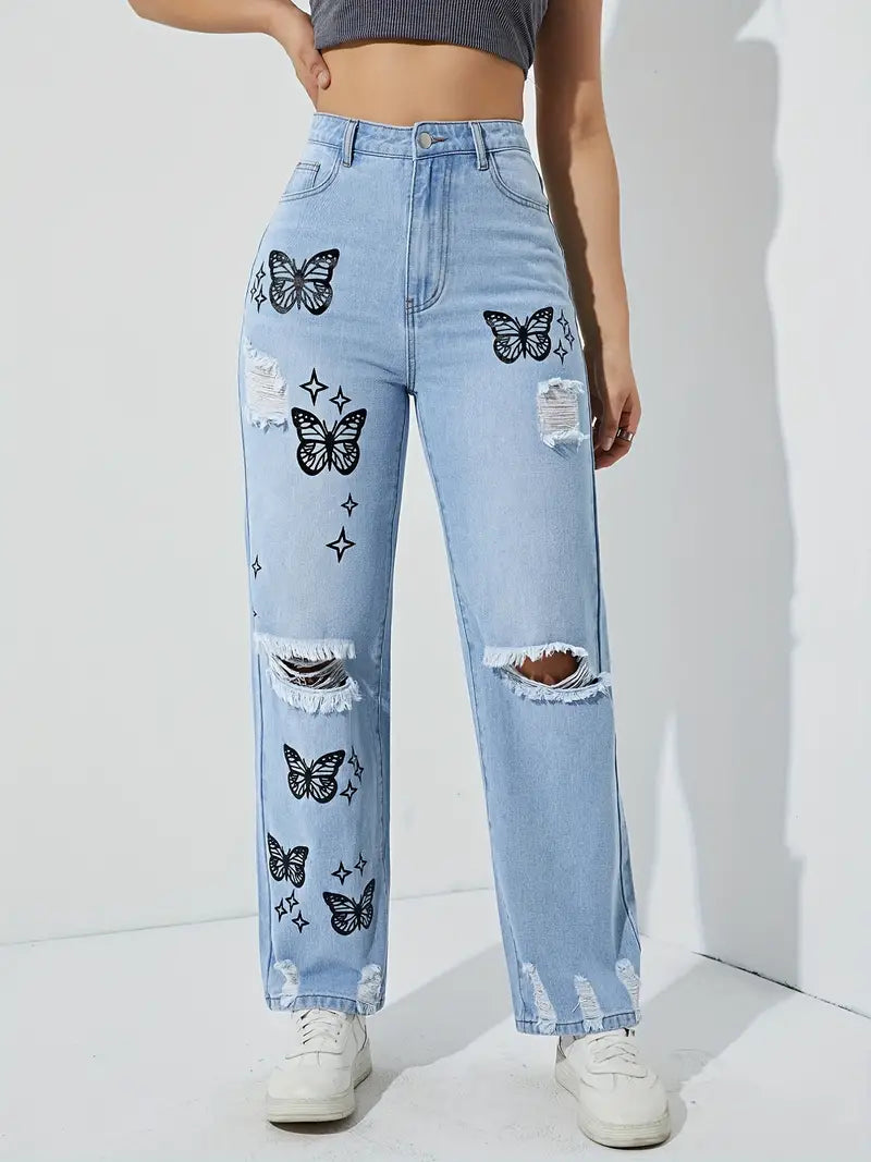 Bleach Wash Ripped Detail Butterfly Jeans, Star Print Distressed High Rise Mom Jeans, Women's Denim Jeans & Clothing