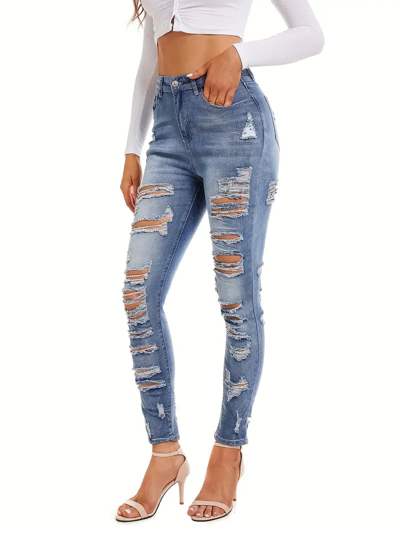 Blue Ripped Holes Skinny Jeans, Distressed Mid Stretch Slant Pockets Denim Pants, Women's Denim Jeans & Clothing