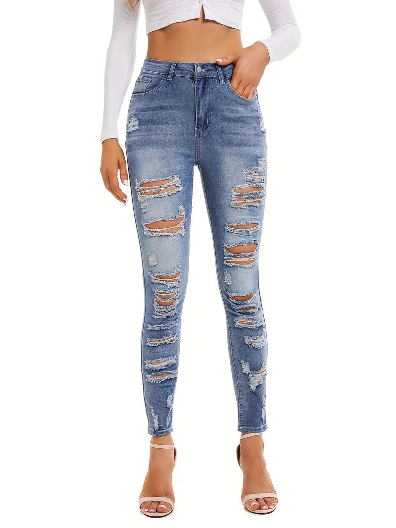 Blue Ripped Holes Skinny Jeans, Distressed Mid Stretch Slant Pockets Denim Pants, Women's Denim Jeans & Clothing