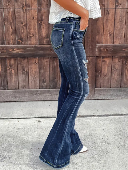 Blue High Waist Ripped Denim Pants, Washed Embossed Crotch Flared Leg Stacked Jeans, Women's Denim Jeans & Clothing