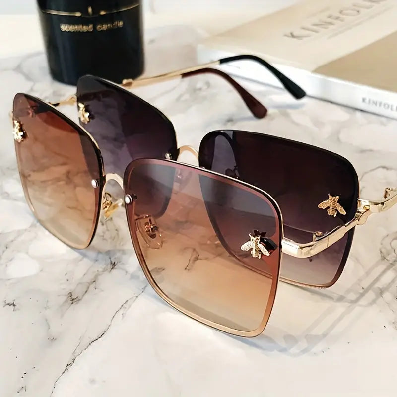 Y2K Bee Fashion Sunglasses For Women Large Square Rimless Metal Sun Shades For Driving Summer Beach Travel