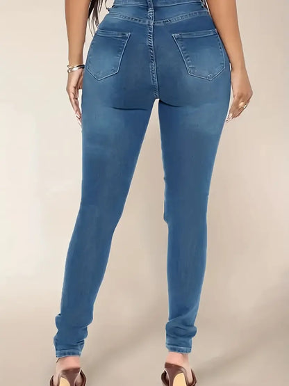 Blue Ripped Holes Skinny Jeans, High Waist Slim Fit High-Stretch Casual Denim Pants, Women's Denim Jeans & Clothing