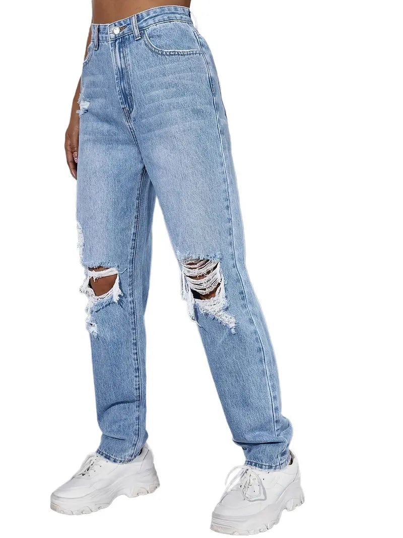 Blue Ripped Straight Jeans, Loose Fit High Waist Distressed Slash Pockets High Rise Denim Pants, Women's Denim Jeans & Clothing