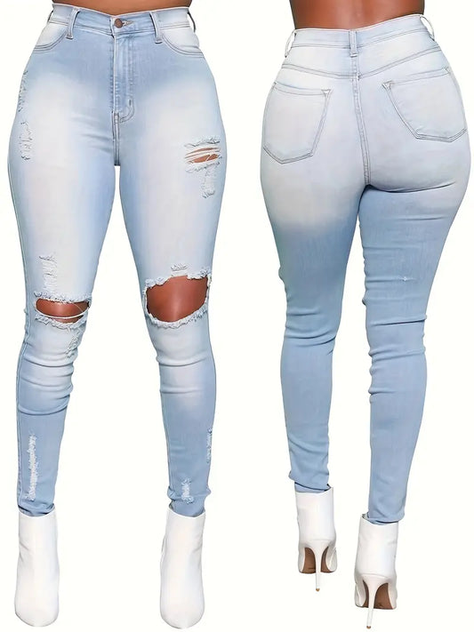 Women's Street Style Denim Jeans: Ripped High Stretch Skinny Knee Cut Distressed Light Washed Mid Rise Pants