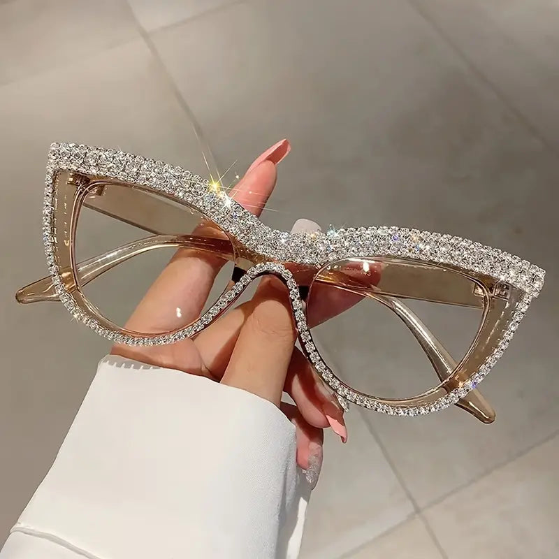 1PC Cat Eye Clear Lens Glasses Shiny Rhinestone Eyeglass Cat Eye Glasses Stylish Party Nightclub Glasses