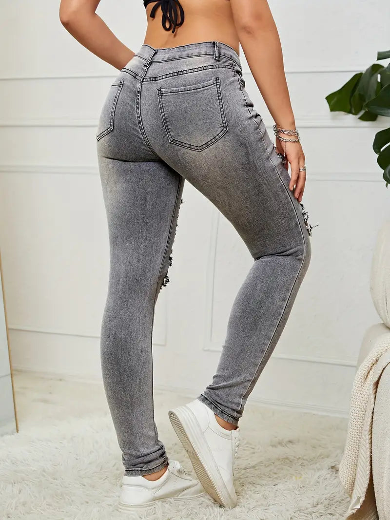 Women's Street Style Denim Pants: Ripped High Waist Washed Distressed Jeans with High Stretch Solid Color