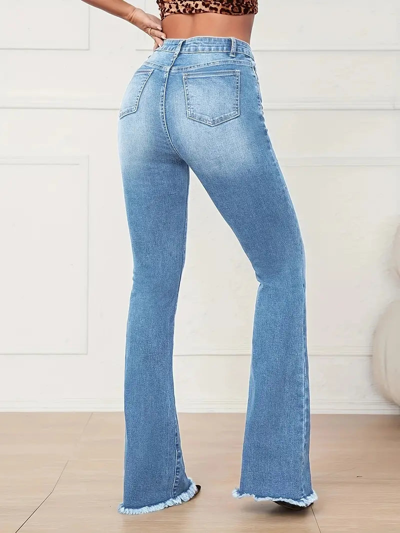 Women's Flared Denim Jeans with Raw Hem and Slash Pockets - A Stylish and Comfortable Look!