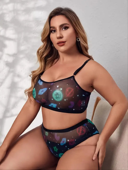 Plus Size Planet Print Contrast Mesh Bra & Panties Set, Women's Plus High Stretch Sexy Lingerie 2pcs Set, Women Plus Size Two Piece Set