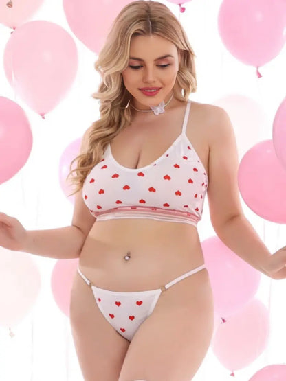 Flaunt Your Curves in This Cute Plus Size Lingerie Set - Heart Print Striped Band Bra & Panty Kawaii Underwear!