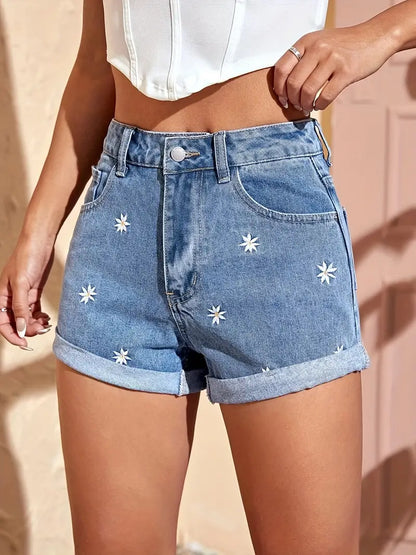 Short en denim taille haute à ourlet roulé avec broderie florale, fermeture à glissière, poche oblique bleu clair délavé, short en denim d'été décontracté, jeans et vêtements en denim pour femmes 