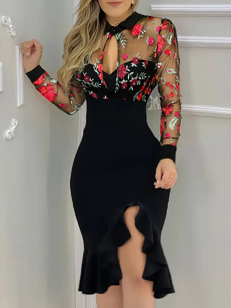 Floral Print Mesh Stitching Dress, Bodycon Long Sleeve Ruffle Hem Dress, Women's Clothing