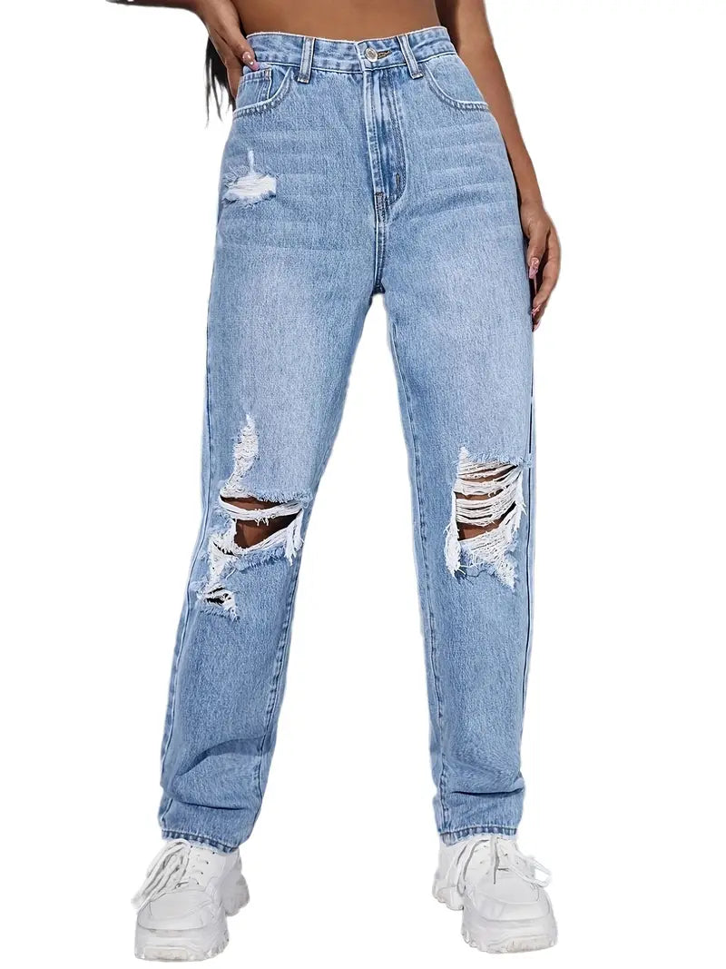 Blue Ripped Straight Jeans, Loose Fit High Waist Distressed Slash Pockets High Rise Denim Pants, Women's Denim Jeans & Clothing