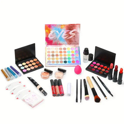 Full Kits Makeup Gift Box Set - Includes Eyeshadow Palette, Lipstick, Lip Tint, Concealer, Foundation, Glitter Powder, Makeup Brushes, and Eyebrow Stencil - Portable and Perfect for Travel