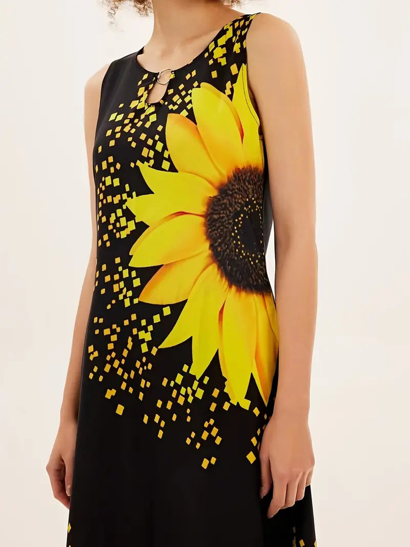 Sunflower Print Keyhole Dress, Casual Crew Neck Sleeveless Maxi Dress With Pocket, Women's Clothing