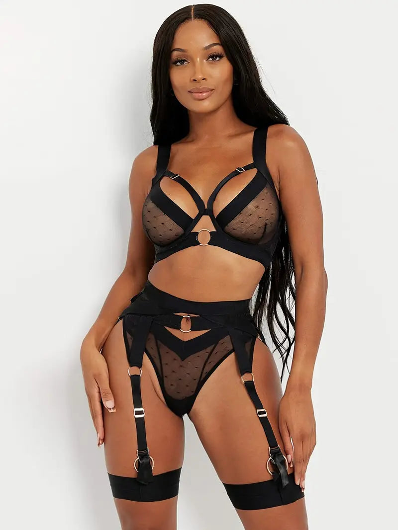 Sexy Mesh Lingerie Set with Ring Linked Bra and Garter Belt - Perfect for Women's Underwear and Sexy Nightwear