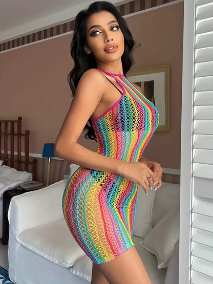 Multicolored Hollow Out Dress Without Bikini, Halter Neck See Through Backless Cover Up Dress, Women's Swimwear & Clothing