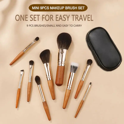 Deluxe 9-Piece Mini Makeup Brush Set - Powder, Blusher, Eye Shadow - Short Handle, Soft Nylon Bristles, Durable Wooden Rod - Alcohol-Free, All Skin Types, Compact Design - Girls & Women