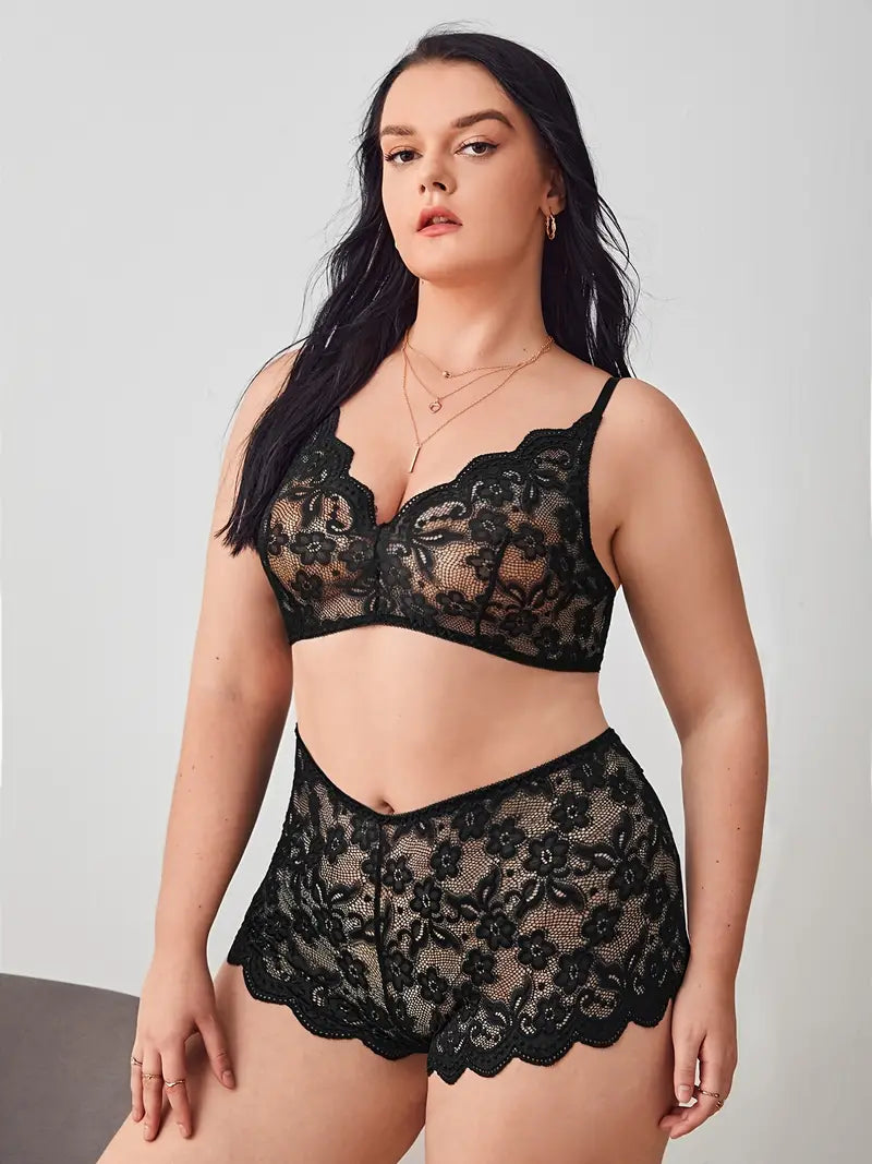 Plus Size Contrast Lace Semi Sheer Solid Sexy Lingerie Set, Women's Plus Medium Stretch High Waist Sexy Lingerie Set