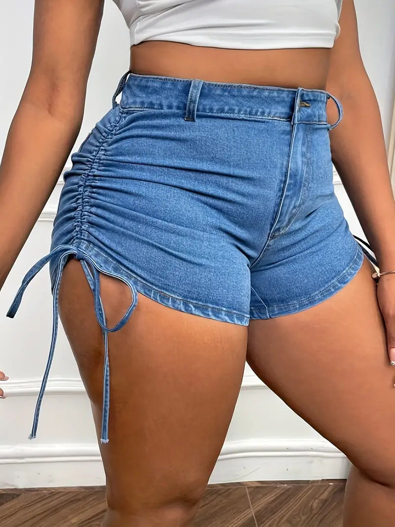 Drawstring Tie Side High Ride Denim Shorts, Ruched Solid Color Zipper Button Closure Trendy Denim Shorts, Women's Denim Jeans & Clothing