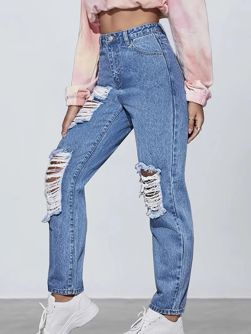 Light Blue Ripped Straight Jeans, Distressed Loose Fit High Waist Denim Pants, Women's Denim Jeans & Clothing