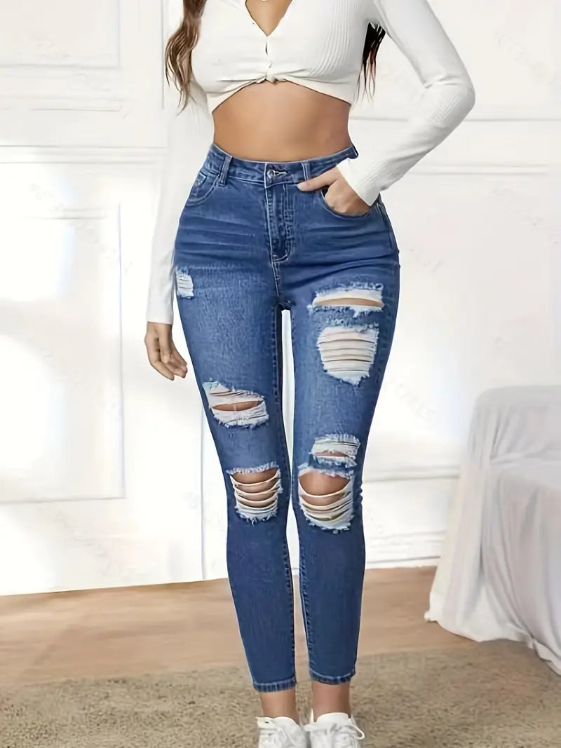 Ripped High Waist Skinny Jeans, Stretchy Solid Color Distressed Denim Pants, Women's Denim Jeans & Clothing