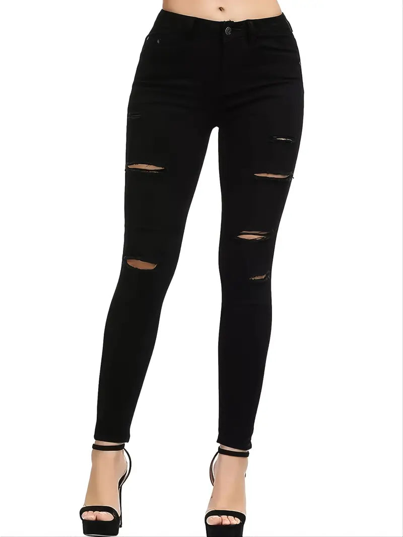 Pantalon en denim skinny déchiré noir, jean à poche inclinée stretch solide, pantalon en denim en détresse pour femmes 