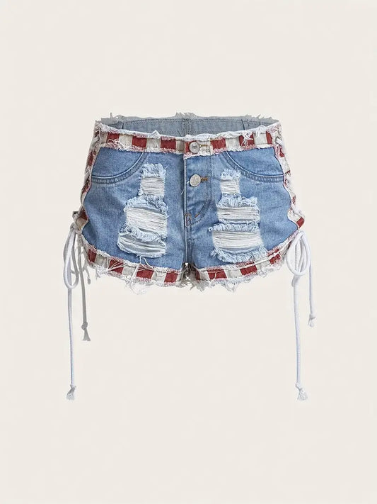 Blue Ripped Holes Denim Shorts, Distressed Tie Side Contrast Color Street Style Denim Shorts, Women's Denim Jeans & Clothing