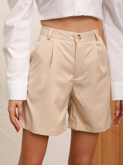 Shorts avant boutonnés unis, shorts décontractés plissés pour le printemps et l’été, vêtements pour femmes 