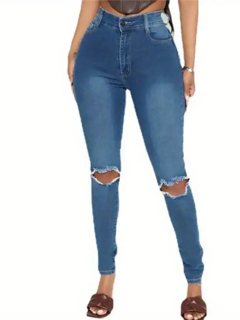 Blue Ripped Holes Skinny Jeans, High Waist Slim Fit High-Stretch Casual Denim Pants, Women's Denim Jeans & Clothing