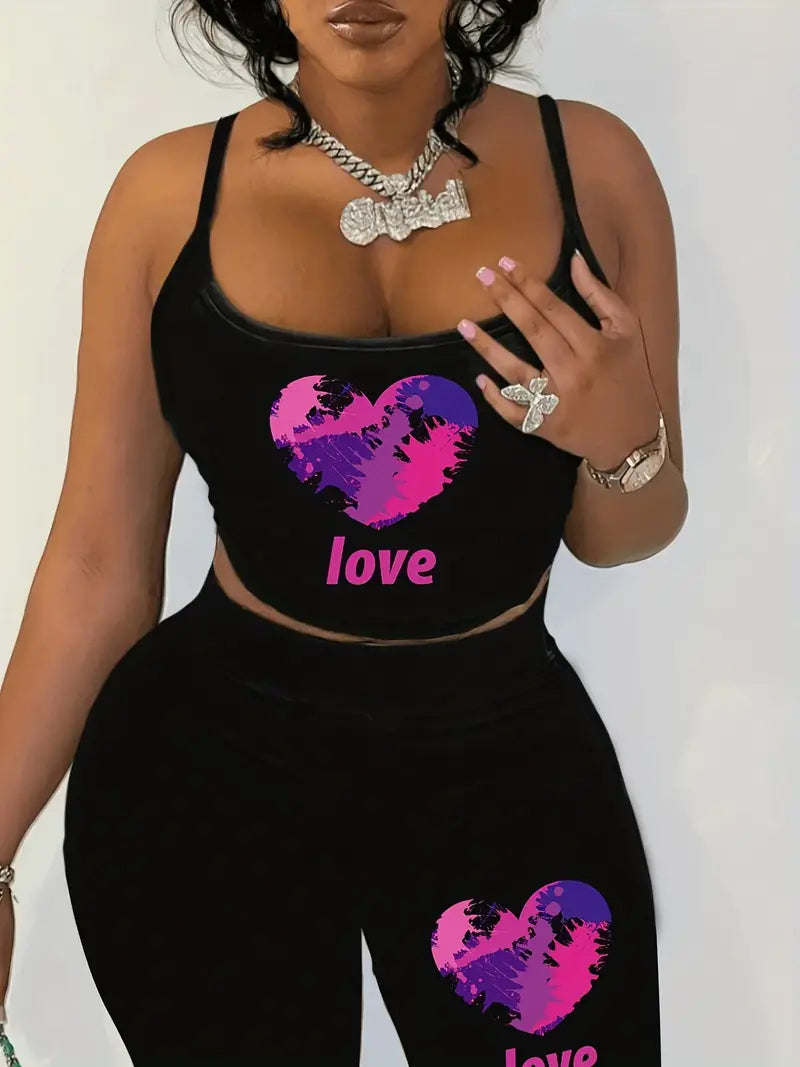 Plus Size Casual Outfits Set, Women's Plus Graffiti Heart Print Cami Crop Top & Biker Shorts Outfits Two Piece Set