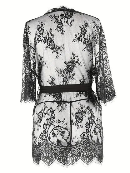 Floral Lace Mesh Night Robe, Sultry Short Sleeve V Neck Sheer Robe With Belt, Women's Sleepwear