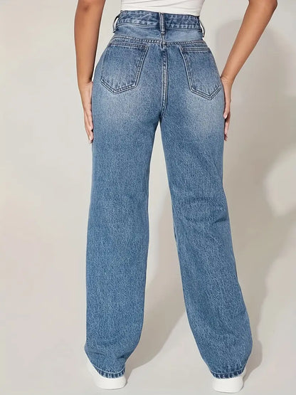 Jean droit bleu à trous déchirés, trous déchirés avec poches inclinées, pantalon en denim taille moyenne, jeans et vêtements en denim pour femmes 