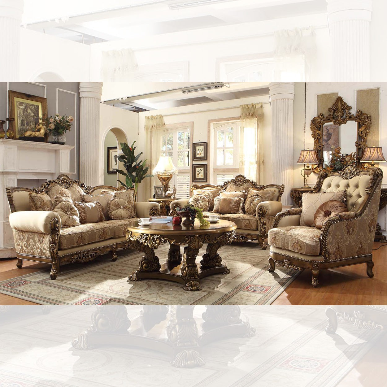 3PC SOFA SET Living Room Set in Metallic Antique Gold and Perfect Brown