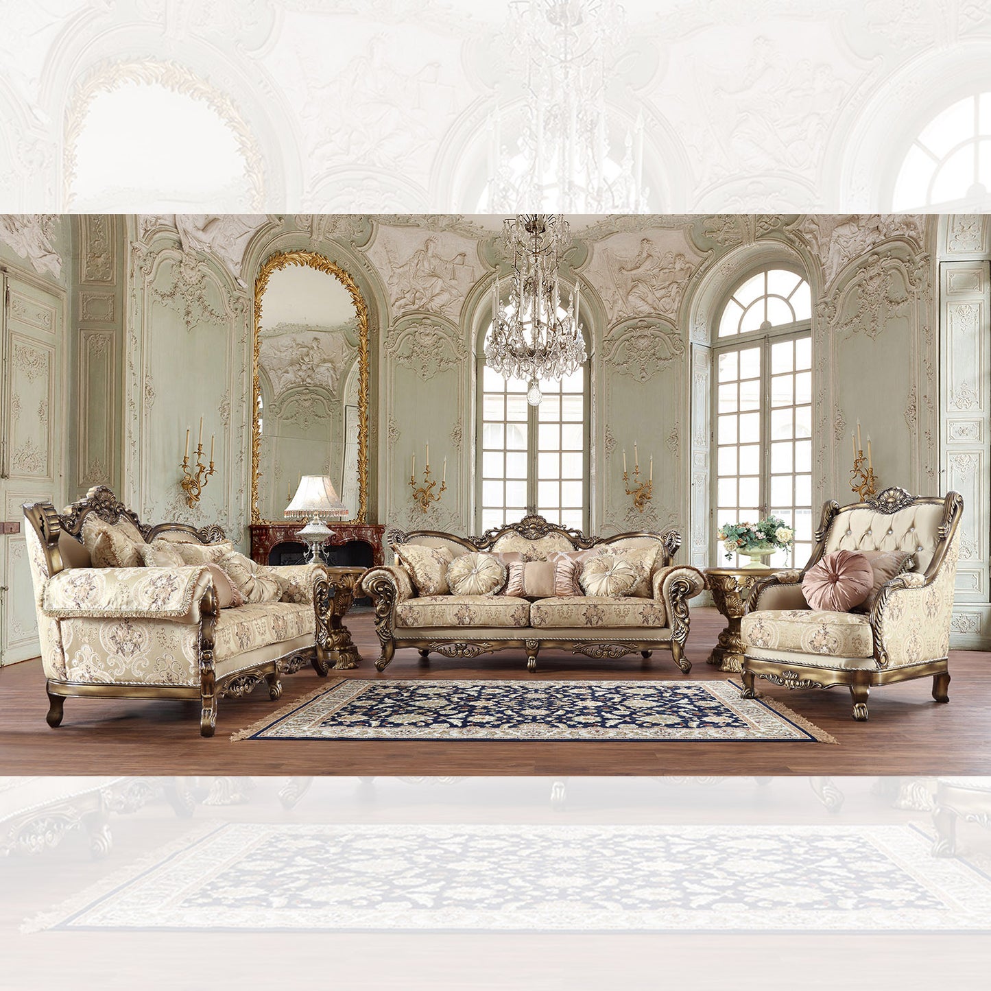 3PC SOFA SET Living Room Set in Metallic Antique Gold and Perfect Brown