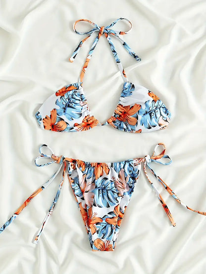 Leaf Print Sexy Bikini Sets, Halter Neck Tie Back Backless Tie Side High Cut Two Pieces Swimsuit, Women's Swimwear & Clothing