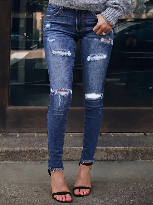 Women's Dark Blue Ripped Denim Jeans with Raw Hem and Slash Pockets - Casual and Stylish!