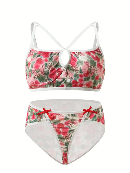 Plus Size Sexy Lingerie Set, Women's Plus Tie Dye Rose Print Keyhole Strappy Bra & Bow Knot Underwear, Vintage Boho Underwear Two Piece Set