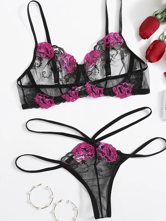 Rose Embroidered Mesh Contrast Color Sexy Lingerie Set, Sheer Thin Bra & Thin Strap Cross Cheeky Panty