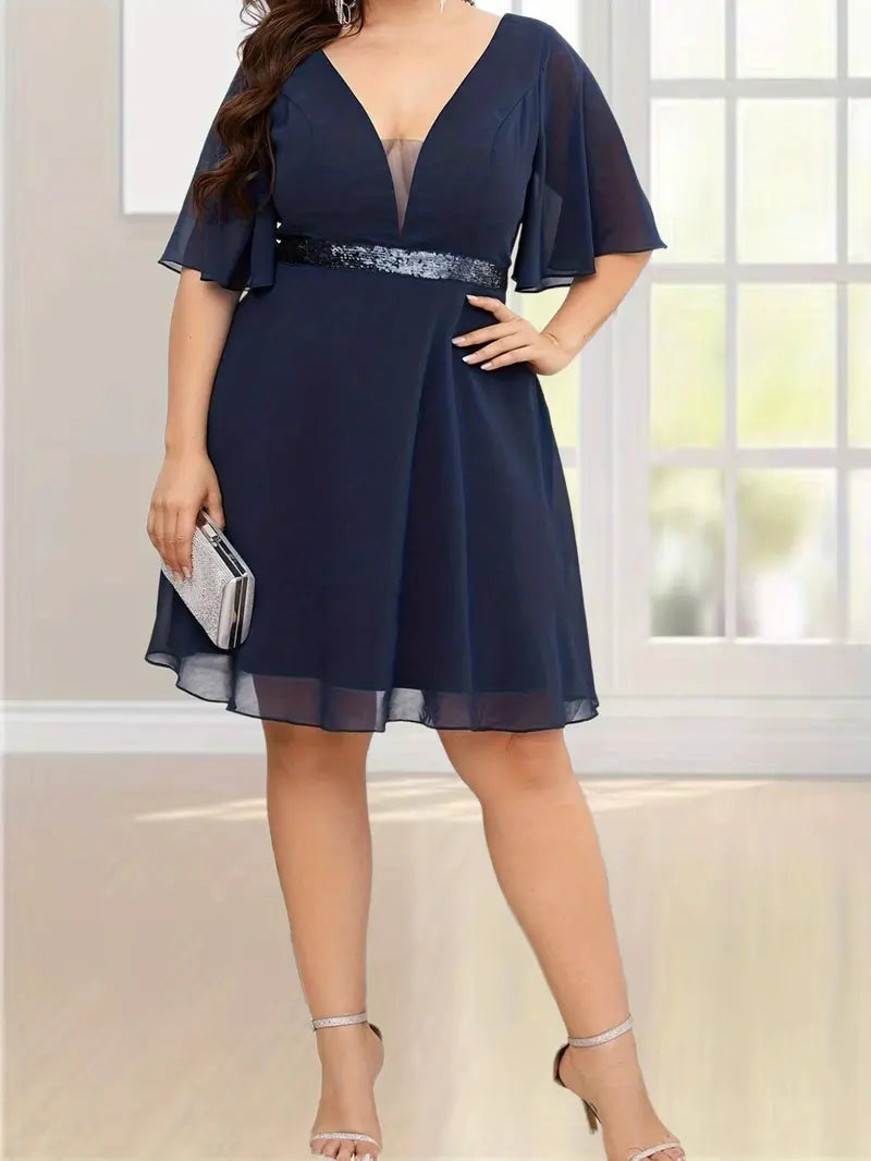 Plus Size Sexy Bridesmaid Dress, Women's Plus Sequin Ruffle Sleeve Deep V Neck Layered Swing Wedding Dress