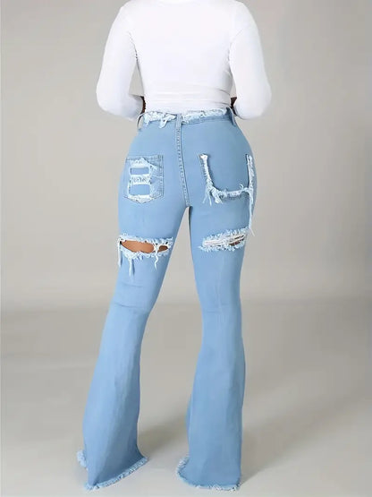 Blue Raw Hem Flare Jeans, Distressed High Waist Ripped Holes Bell Bottom Jeans, Women's Denim Jeans & Clothing