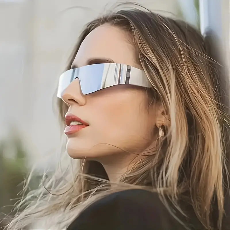 Lunettes de soleil futuristes une pièce pour femmes et hommes, pare-soleil à la mode en miroir Cyberpunk pour cyclisme, fête sur la plage 