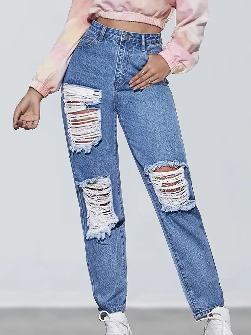 Light Blue Ripped Straight Jeans, Distressed Loose Fit High Waist Denim Pants, Women's Denim Jeans & Clothing